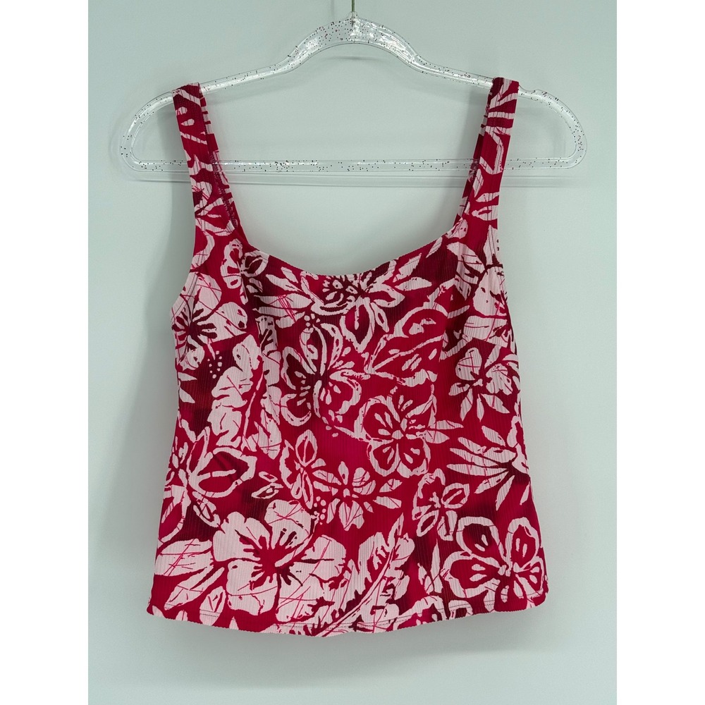 Cole of California Pink Red Floral Ribbed Tankini Top Square Neck Sz 14
